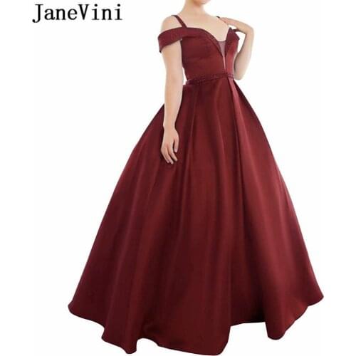 JaneVini Vintage Long Burgandy Prom Dresses 2019 Off the Shoulder Beaded Satin Floor Length A Line Formal Evening Party Gowns