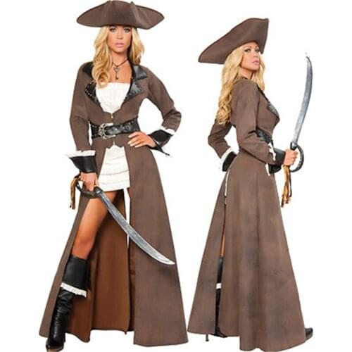High Quality Sexy Plus Size Costume Halloween Adult Brown Pirate Costume Dress 5 Pcs New Long Costume