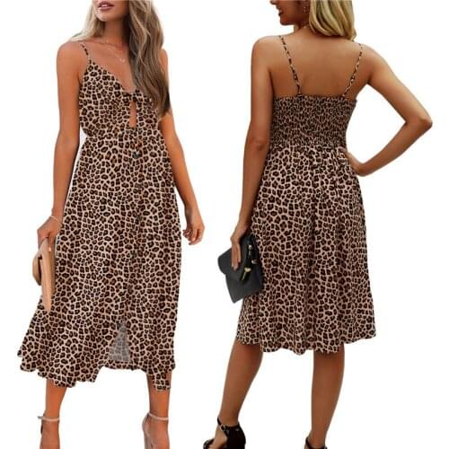 Summer Women’s Casual V-neck Leopard Spaghetti Strap Dress Fashion Bandage Backless Suspender Mid-length Dress