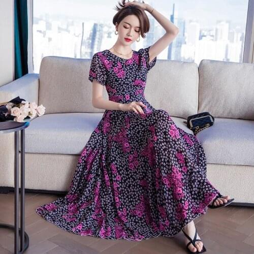 2021 New Floral Summer Chiffon Dress Women Long Waist Temperament Slim Work Wear Dresses Blue Rose Slim