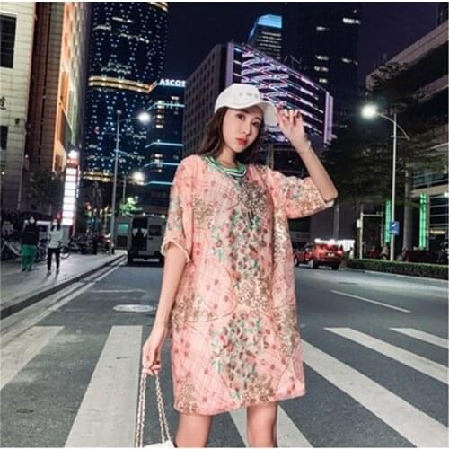 Hip Hop Students Print Cut Cartoon Sequins Loose Long T Shirt Dress 2020 New Summer Fashion Women Stage Streetwear Mini Dresses