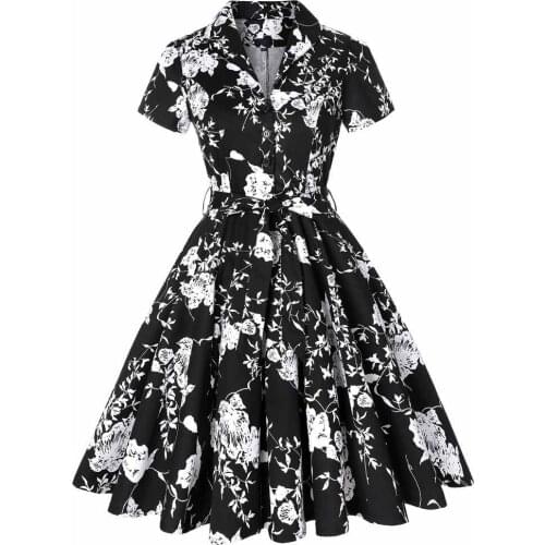 Floral Print 50s 60s Large Swing Vintage Dress SD0002 Black White Floral Flower Cotton Women Dress 3XL Plus Size