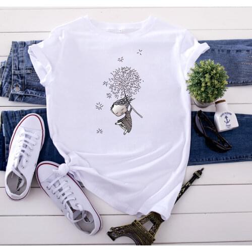 100% Cotton Summer New Womens T-shirt O-Neck Harajuku Cute Dandelion Flying Girl Top Casual Female T shirt Oversized S-5XL