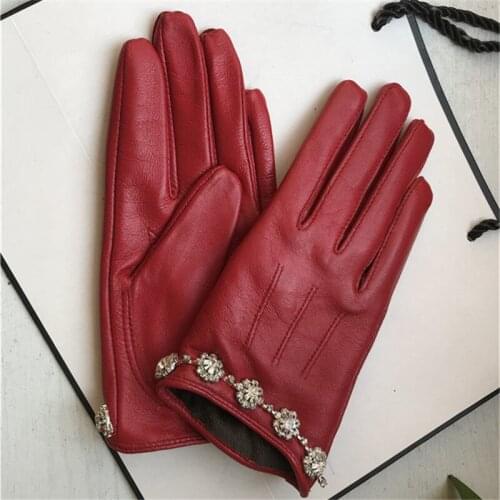 100% Genuine Leather Gloves Female Winter Sheepskin Shinning Diamond Thicken Touch Screen Gloves Women Warm Driving Gloves