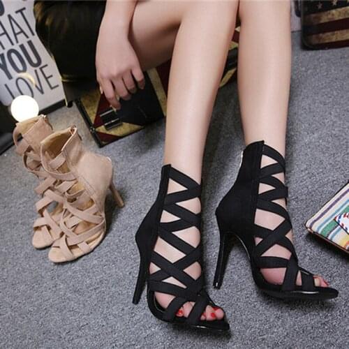 Vogue Women 11cm High Heels Fetish Leather Sandals Sexy Roman Cross Tied Summer Shoes Lady Apricot Peep Toe Stiletto Sandles