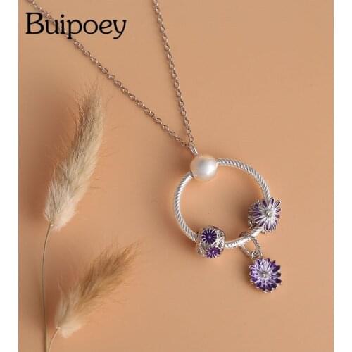 Buipoey New Purple Daisy Beaded Pendant Necklace Flower Dangle Charm Necklace For Women Original Fine Girl Collar Jewelry Gift