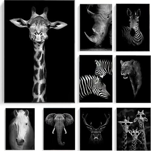 Black and White Wild Animals on Dark Canvas Art Painting Posters and Prints Decorative Art Pictures Home Decoration Paintings
