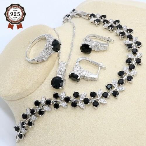 Black White Zircon Silver Color Jewelry Set for Women with Bracelet Hoop Earring Necklace Pendant Ring Gift Box