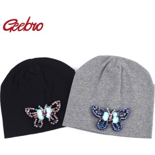 Geebro Newborn Cotton Beanie Hat Rhinestone Butterfly Design Candy Color Slouchy Beanies Children Girls DIY Outdoor Cap