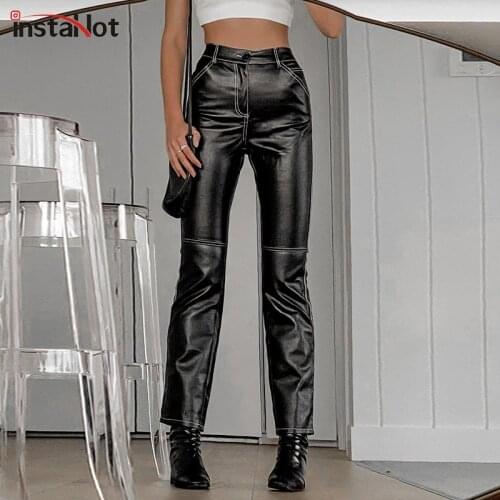 InstaHot Faux Leather PU Mid Waist Straight Pants Women Long Trousers Club Casual Sexy 2021 Female Fashion Pocket Button Pants
