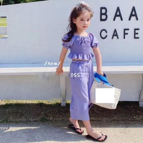 2 Piece Set Baby Girls Outfits Pleated Ruched Tie Front Shirt blouse + Pants Wide Leg Ruffles Toddler Kids Activewear 3 to 8 yrs