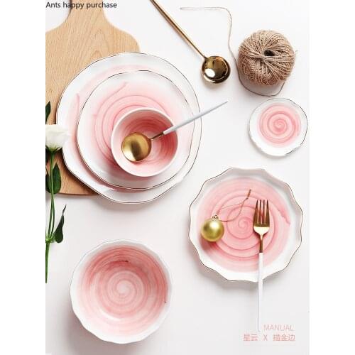 Nordic Creative ceramics plate dish tableware Household kitchen Package bowl Golden rim Gradient dinner plates cute plate