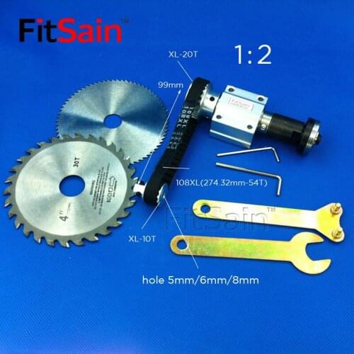 FitSain-Mini table saw for saw blade 16mm/20mm XL 10 20 teeth spindle aluminum alloy Pulley 1 : 2 Cutting saws center hole 5 6 8