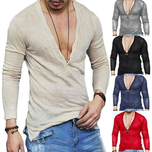 Ripped Autumn Mens Casual V Neck T-Shirt Slim Fit Muscle Top Long Sleeve Linen Summer Shirt