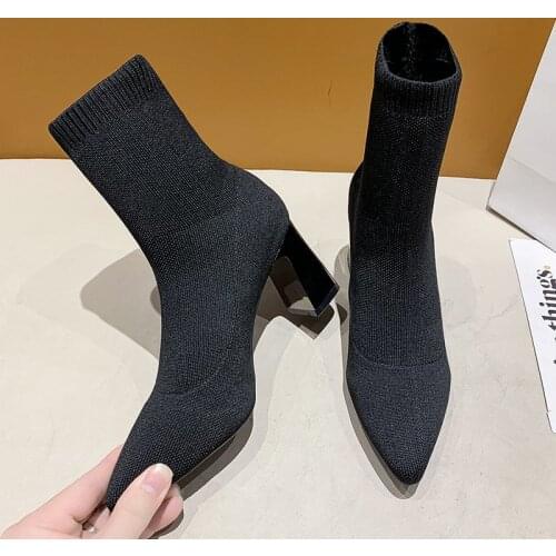 New Womens Shoes Stretch Fabric Sock Boots Autumn Winter Mid-calf Boots Sexy Ladies Thin High Heels Pointed Toe Female Pumps