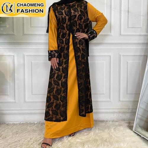 New Design Muslim For Women Elegant Arabian Black Lace Cuff African Dresses Abaya Dubai Turkish Islamic Clothing Ramadan Robe