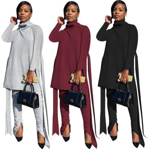 Adogirl Solid Color Woman 2 Piece Sets Casual Turtleneck Long Sleeve Side Split Lace Up T-Shirt + Stracked Pants Winter Clothes