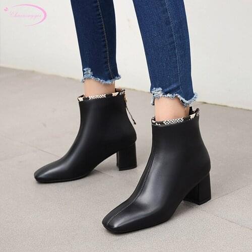 Casual style square toe ankle boots fashion serpentine zipper black beige brown high heel thick riding boots womens shoes