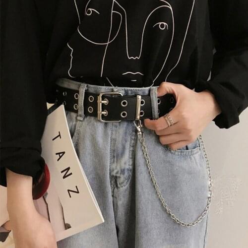New Women Punk Chain Fashion Harajuku Belt Adjustable Double/Single Row Hole Eyelet Waistband with Chain Decorative Waist Belts