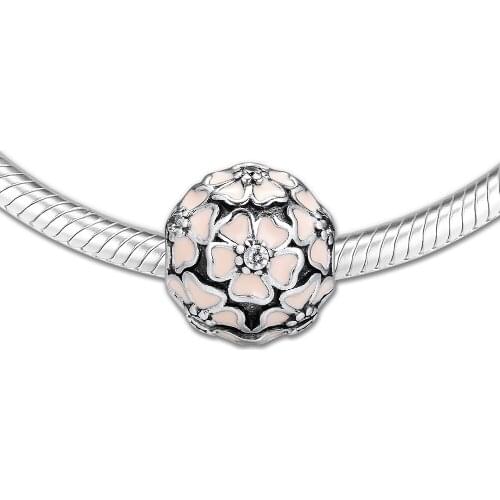Cherry Blossom Clip Charm Silver 925 Sterling Pink Enamel Beads for Jewelry Making fit Charms Bracelet DIY free shipping 02C013