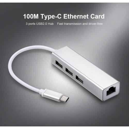 USB 2.0 Type-C 3 Port HUB Fast Ethernet Adapter RJ45 100Mbps Network Card Expansion Converter