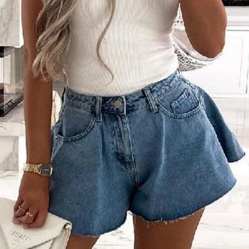 2021 Summer Short Pants Button-Fly Pocket Casual Waist Jean Shorts Women Fashion High Elegant Wide Leg Denim Shorts Streetwear