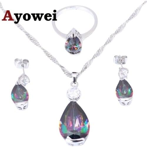 GORGEOUS! AAA Zirconia Pendants Earrings Ring Set Silver Stamped Mystic Zircon Fashion Jewelry set Sz #5.75 #6.75 #7.75 MS032A