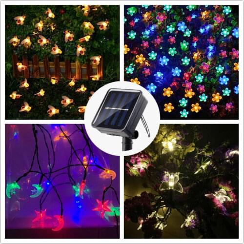 2 Mode Outdoor Waterproof Solar Bee Fairy Light String Cherry Blossom Hummingbird Christmas Holiday Wedding Garland Decoration
