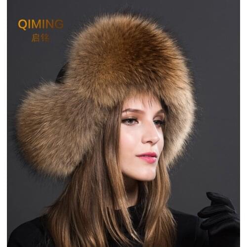 Women Natural Raccoon Fur Caps Russian Ushanka Hats Winter Thick Warm Ears Fashion Bomber Hat Lady Genuine Real Fox Fur Cap