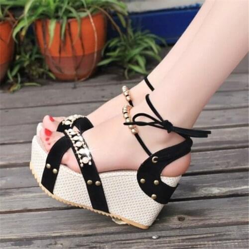 Beaded Shoes Woman Wedges Sandal Heels Chunky Sandals Crystal Ladies High Heel Shoes Summer Platform Sandal Womens Pump Heels