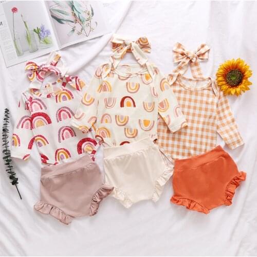 2020 Infant Baby Girls Boys Cotton Clothes 0-24M Autumn Baby Rainbow Print Romper Tops+Ruffle High Waist Shorts+Headband Outfits