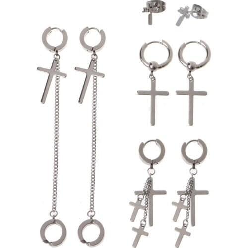4 Pairs Cross Earrings Dangle Hinged Stainless Steel Jesus Stud Earrings Cross Hoop Earrings for Men and Women Jewelry