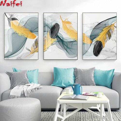 Abstract Line Golden Feather 5D Diamond Embroidery Triptych Full Square Drill Mosaic Handmade Diamond Painting Home Decor Gift