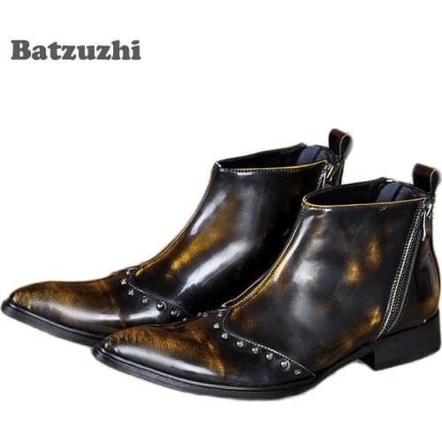 Batzuzhi Fashion Designer High Top Men Leather Boots Shoes Pointed Toe Zip Bronze Men Ankle Boot, Big Size d38-46
