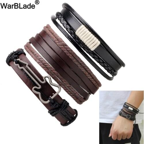 WarBLade New 3pcs/Set Men Jewelry Genuine Leather Bracelet Multilayer Braid Bracelets Bangles Punk Wrap Wristband for Women Gift
