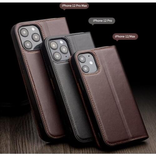 Qialino Real Leather Flip Cover For Iphone 12 Pro 11 Xs Max Xr Business Card Slots Wallet Pocket Kickstand Shell Protection Case