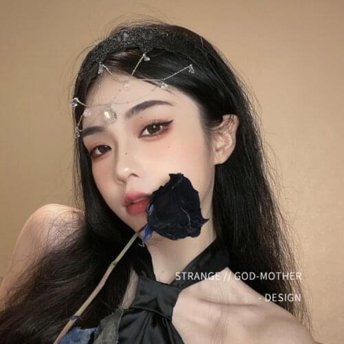 Black lace headband with wide edge and retro French forehead. Antique hair accessory. Super fairy crystal eyebrow pendant tiara