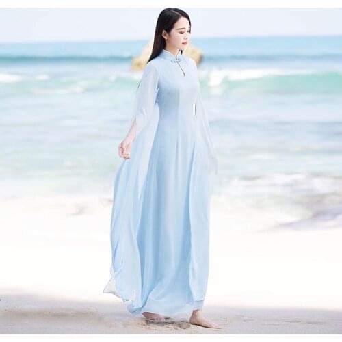 Long Qipao Clothes Modern Traditional Fairy Cheongsam Sexy Cape Cloak Mandarin Collar Dress Evening Chinese Style Clothing Party