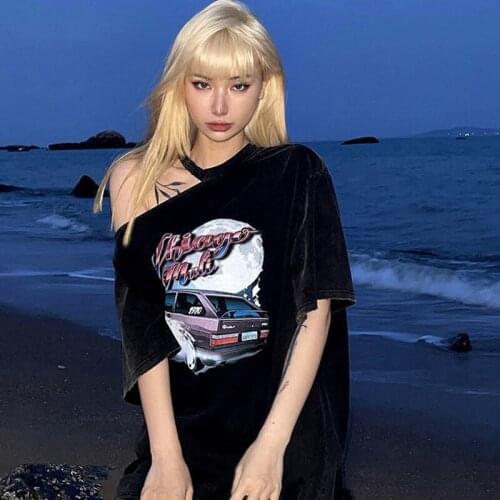 Irregular Strapless Oversize Loose T-Shirt Street Hip Hop Y2K Trend Women‘s Tees Summer Casual Short Sleeve Goth Graphic Tops
