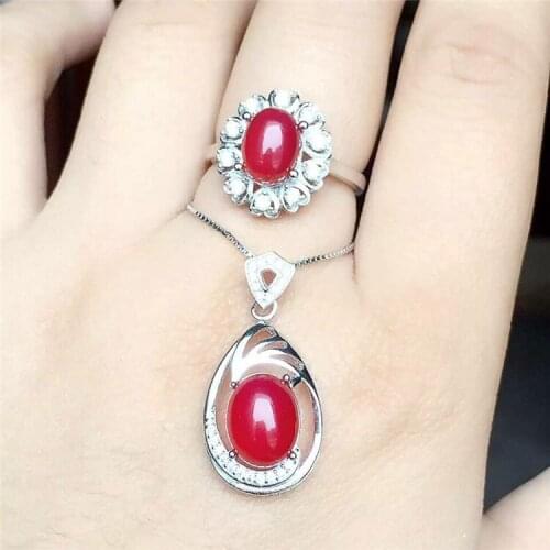 KJJEAXCMY boutique jewels 925 Pure silver inlay natural red jade medulla ring + pendant set inlay diamond shaped 18k gold goddes