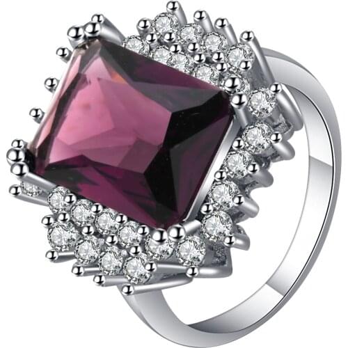 UFOORO Classic Rose red cz wedding ring for women design elegant square 3ct zirocn silver filled band fine jewelry dropshipping