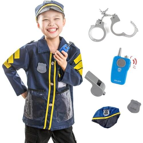 Boy Police Officer Cosplay Costume Kids Policeman Uniform Set Shirt Hat Whistle Realistic Cosplay Costume Party Stage Clothe