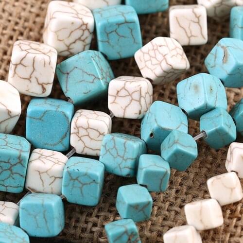 Square-shape Blue White Turquoises Stone Beads 6mm 8mm 10mm Pick Size Opposite Angles Hole Stone Beads For DIY Jewelry Making