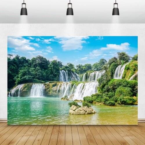Laeacco Spring Landscape Backgrounds Blue Sky White Clouds Green Forest Waterfall River Baby Portrait Photography Backdrop Props
