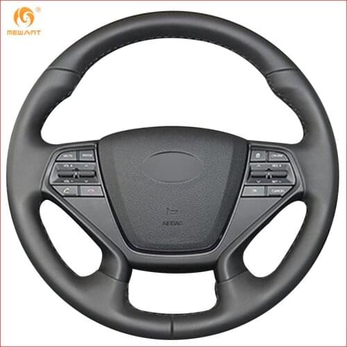 MEWANT Black Genuine Leather Car Steering Wheel Cover for Hyundai Sonata 9 2015 2016 2017 (4-Spoke) Interior Accessories