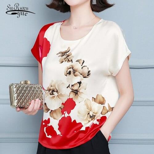 Fashion Silk Blouses Blusas Mujer De Moda 2020 Summer Short Sleeve Printed Office Lady Tops Casual Satin Plus Size Shirts 10182