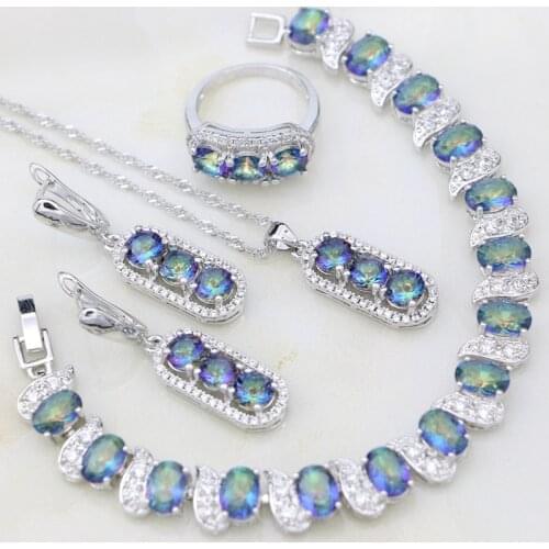925 Silver Jewelry Sets Mystic Rainbow Stones White Cubic Zirconia For Women Fashion Earring/Pendant/Necklace/Bracelet/Ring Set