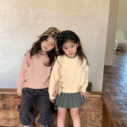 2021 autumn winter girls' sweater lace sweater baby childrens Korean round neck sweet color matching sweater