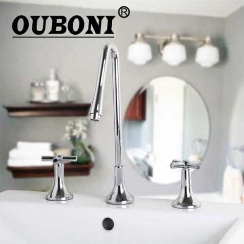 OUBONI Bathroom Modern 3PCS Widespread Bathtub Fauce Chrome Polish Water Tap Basin Sinks Mixers Taps Faucets 66uu