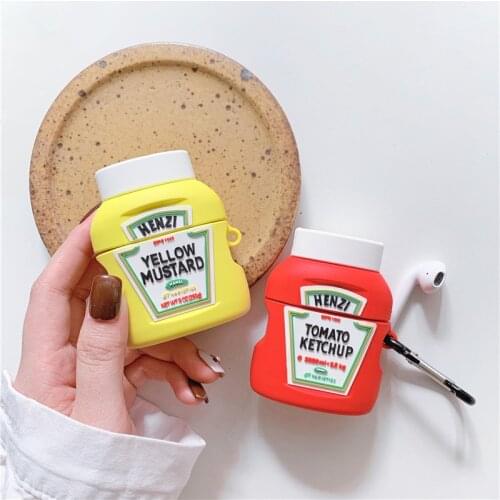 Hot 3D Mustard Ketchup Bottle Design Earphone Case with Keychain for Airpods Pro Cartoon Sauce Style Cover for Airpods 1/2